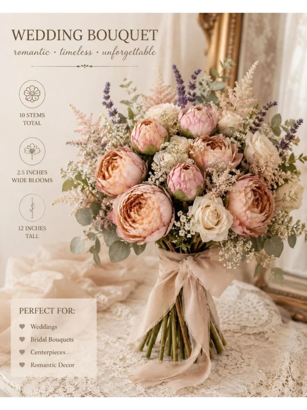 Blush Pink Faux Peony Bouquet Artificial Flowers French Cottage Cottagecore Wedd